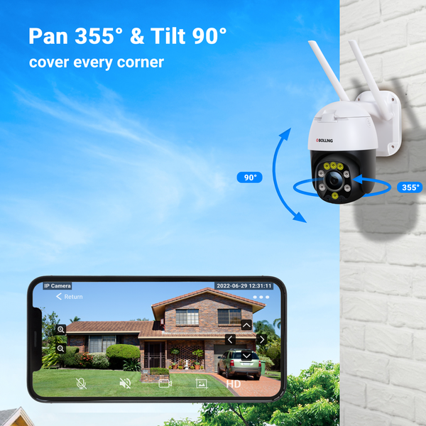 2K 4MP Security Camera Outdoor PTZ WiFi Camera with Automatic Tracking & 30M Color Night Vision, 2560 × 1440P Wireless IP Dome Camera, Two-Way Audio, IP66 Waterproof, Supports SD Card