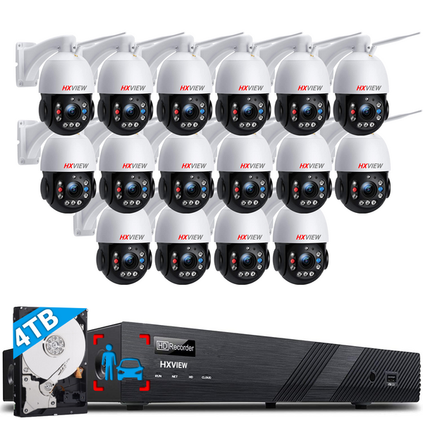HXVIEW 16-Kanal-4K-PoE-Überwachungskamerasystem mit 4 TB Festplatte, 16 Stück 5 MP PTZ-Kameras mit 30-fachem optischem Zoom, 16 CH H.265 8 MP/4K NVR, 2 Speicherschächten, 16-CH-Synchro-Wiedergabe 