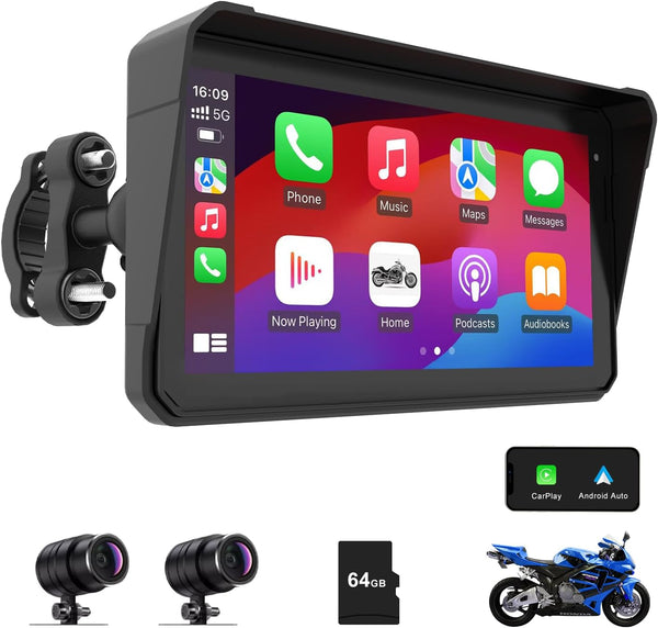 60Hz Motorcycle Carplay GPS Navigation System with Dual 2K Dash Cam, Apple Carplay and Android Auto Screen for Moto, 6" IPS Touchscreen Support Bluetooth, Siri, Google Assistant, IP68 Waterproof