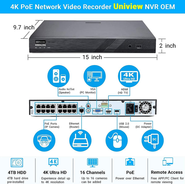 HXVIEW 16 Channel 4K PoE Security Camera System with 4TB HDD, 16pcs 5MP 30X Optical Zoom PTZ Cameras, 16CH H.265 8MP/4K NVR, 2 Storage Bays, 16-CH Synchro Playback