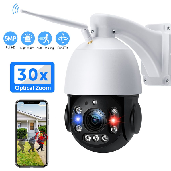 PTZ WiFi Security Camera Outdoor 5MP 30X Optical Zoom IP Camera Support 1000ft Night Vision Auto Tracking Sound Light Alarm Human Detection 2-Way Audio ONVIF IP66 Waterproof