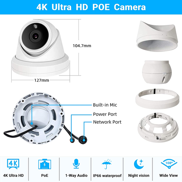 BOLLNG Sistema di telecamere di sicurezza 4K PoE a 16 canali con HDD da 4TB, rilevamento umano AI, NVR 8MP 16CH H.265, 16 telecamere dome IP PoE per esterni 4K, registrazione audio video 24 ore su 24, 7 giorni su 7, riproduzione sincronizzata a 16 canali 