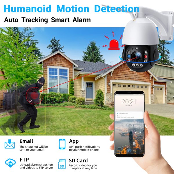 PTZ WiFi Security Camera Outdoor 5MP 30X Optical Zoom IP Camera Support 1000ft Night Vision Auto Tracking Sound Light Alarm Human Detection 2-Way Audio ONVIF IP66 Waterproof