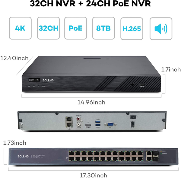 BOLLNG 32 Channel 4K 8MP NVR PoE Security Camera System 8TB, Smart Human Detection, 24 Pcs 4K Ultra HD Indoor Outdoor Wired PoE IP Cameras, 100ft IR, Wide Angle, 2 Storage-Bay, Commercial Grade