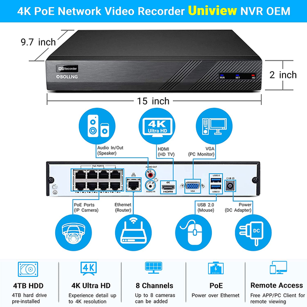 BOLLNG 8-Kanal-4K-PoE-Überwachungskamerasystem, 8MP 8CH H.265 NVR mit 4 TB Festplatte, 8 Stück 4K-PoE-IP-Dome-Kameras für den Außenbereich, KI-Menschenerkennung, 24/7-Video-Audioaufzeichnung, 8-CH-Simultanwiedergabe 