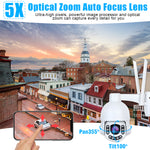 5MP PTZ WiFi Security Camera Outdoor 5X Optical Zoom Super HD IP Camera Support 200FT Night Vision, ONVIF, Humanoid Motion Detection Alarm, Auto Tracking, Two-Way Audio, IP66 Waterproof, 128GB SD Card