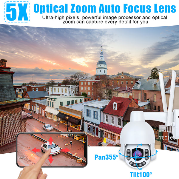 5MP PTZ WiFi Security Camera Outdoor 5X Optical Zoom Super HD IP Camera Support 200FT Night Vision, ONVIF, Humanoid Motion Detection Alarm, Auto Tracking, Two-Way Audio, IP66 Waterproof, 128GB SD Card