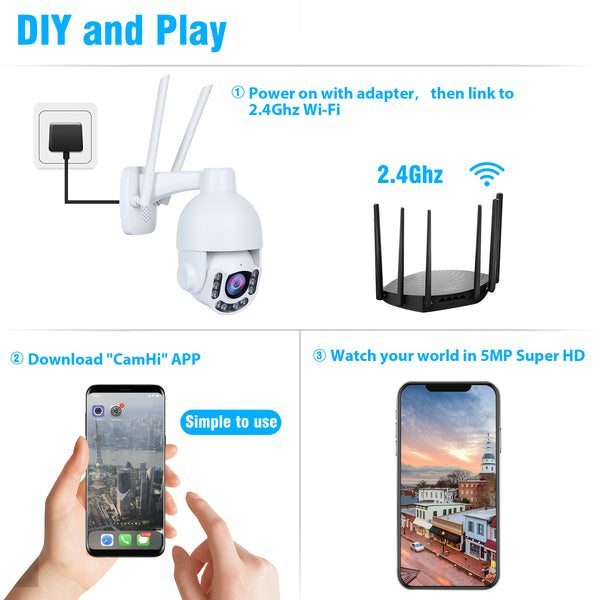 5MP PTZ WiFi Security Camera Outdoor 5X Optical Zoom Super HD IP Camera Support 200FT Night Vision, ONVIF, Humanoid Motion Detection Alarm, Auto Tracking, Two-Way Audio, IP66 Waterproof, 128GB SD Card