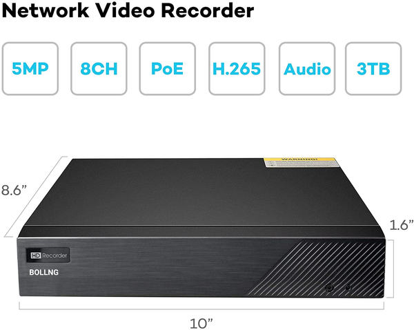 BOLLNG Sistema di telecamere di sicurezza PoE da 5 MP HDD da 3 TB, (8) telecamere IP PoE da esterno cablate da 5 MP con grandangolo, NVR H.265 da 8 canali 5 MP, registrazione audio video 24 ore su 24, 7 giorni su 7, riproduzione simultanea a 8 canali 