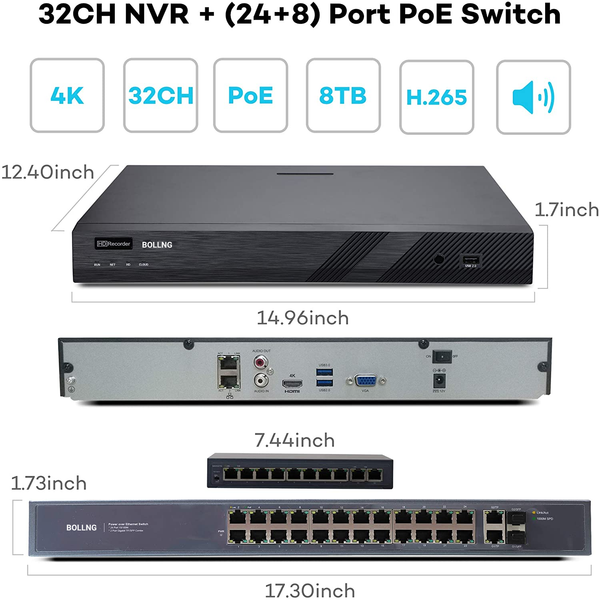 BOLLNG 32 Channel H.265 4K NVR PoE Security Camera System with 8TB Hard Drive, 32Pcs 5MP Super HD Indoor/Outdoor Wired Dome IP Cameras, 24/7 Video Audio Surveillance for Business