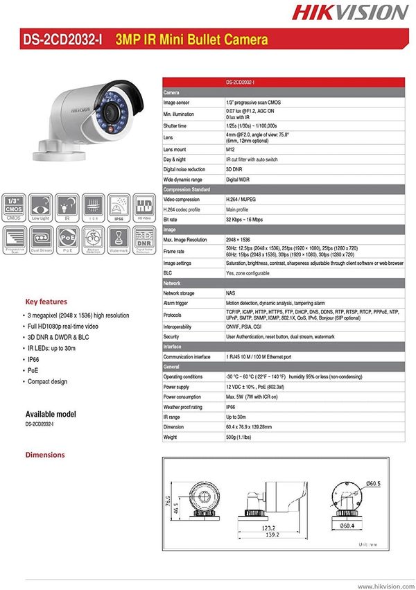 Hikvision DS-2CD2032-I CCTV POE 3MP 4mm IR Bullet IP HD-Sicherheitsnetzwerk-IP-Kamera für den Außenbereich
