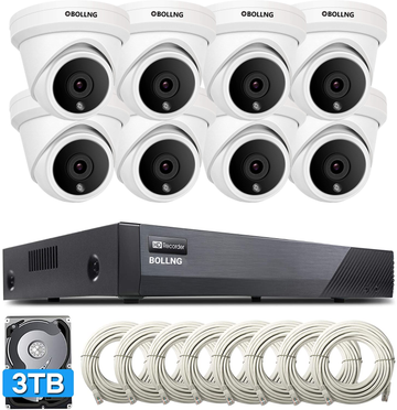 BOLLNG 5MP PoE Security Camera System 3TB HDD, (8) Wired 5MP Outdoor PoE IP Cameras with Wide Angle, 8CH 5MP H.265 NVR, 24/7 Record Video Audio, 8 Channel Simultaneous Playback