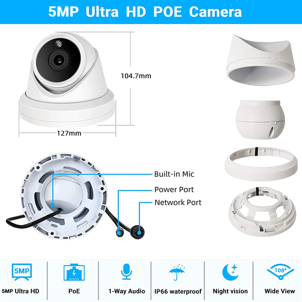BOLLNG 5MP PoE Security Camera System 3TB HDD, (8) Wired 5MP Outdoor PoE IP Cameras with Wide Angle, 8CH 5MP H.265 NVR, 24/7 Record Video Audio, 8 Channel Simultaneous Playback