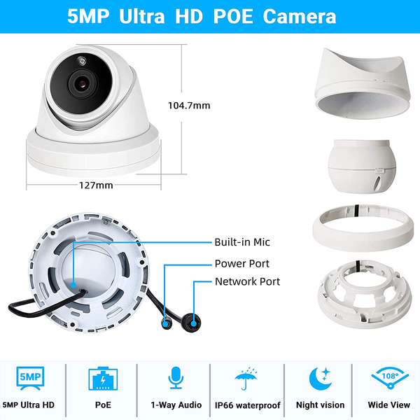 BOLLNG 32 Channel H.265 4K NVR PoE Security Camera System with 8TB Hard Drive, 32Pcs 5MP Super HD Indoor/Outdoor Wired Dome IP Cameras, 24/7 Video Audio Surveillance for Business